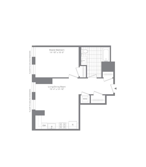 Floor plan for 1 bed, 1 bath, 709 sqft