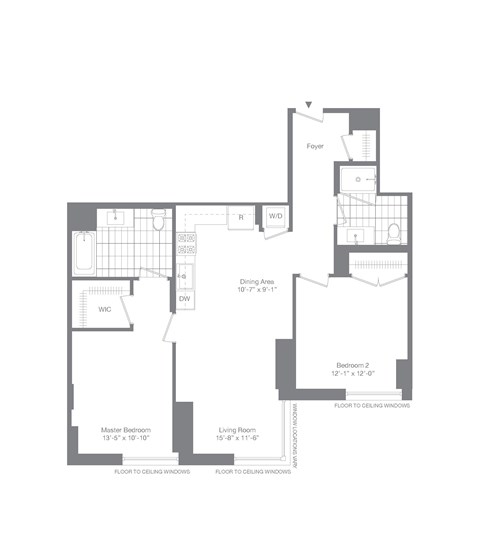 Floor plan for 2 beds, 2 baths, 1075 sqft
