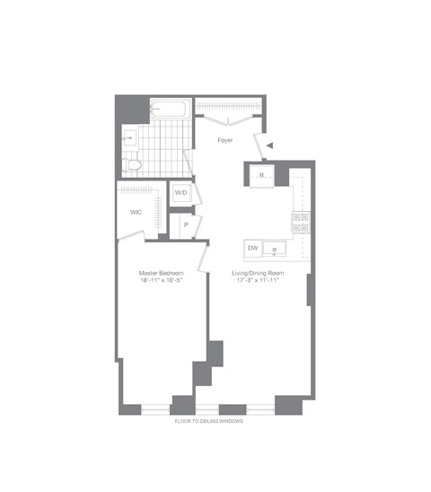 Floor plan for 1 bed, 1 bath, 849 sqft