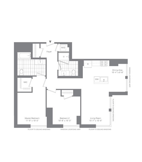 Floor plan for 2 beds, 2 baths, 1096 sqft