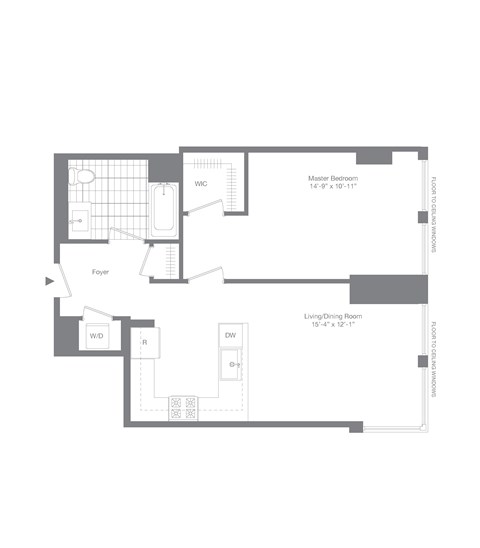 Floor plan for 1 bed, 1 bath, 754 sqft