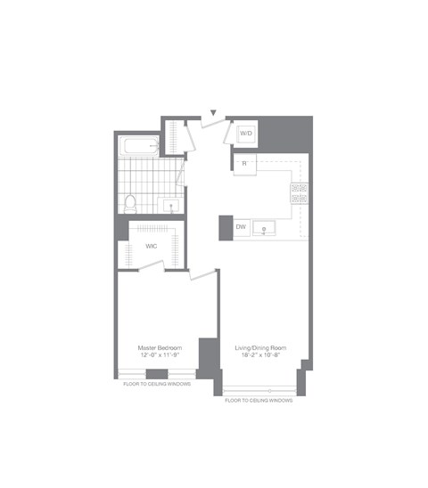 Floor plan for 1 bed, 1 bath, 754 sqft