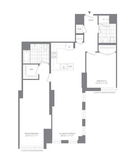 Floor plan for 2 beds, 2 baths, 1343 sqft