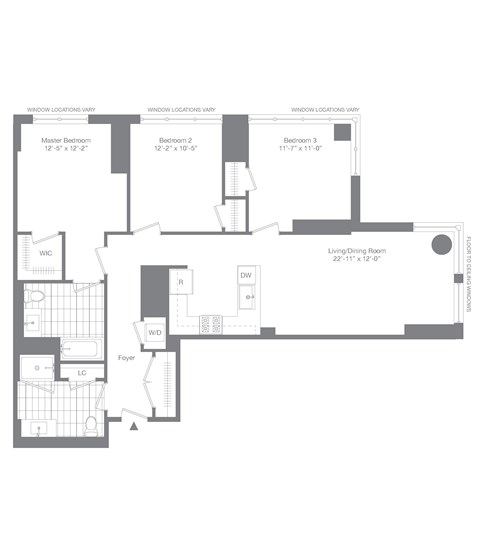 Floor plan for 3 beds, 2 baths, 1342 sqft