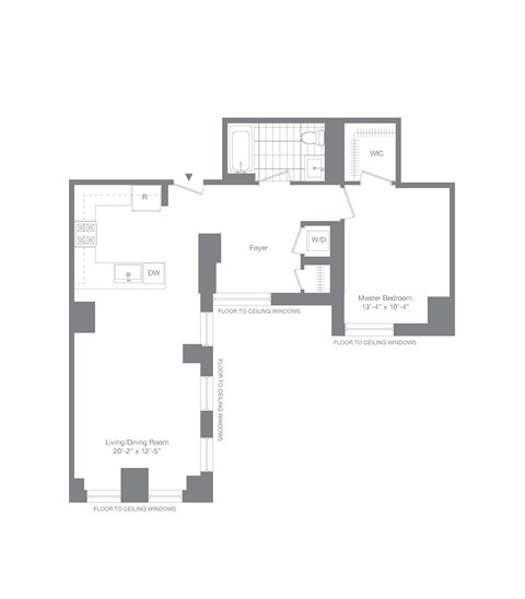 Floor plan for 1 bed, 1 bath, 859 sqft