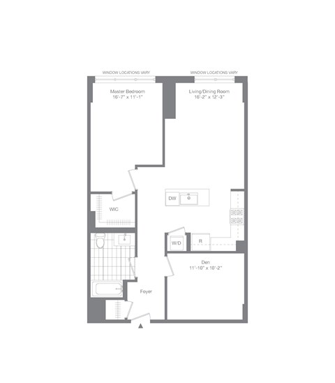 Floor plan for 1 bed, 1 bath, 917 sqft