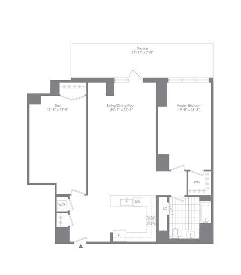 Floor plan for 1 bed, 1 bath, 1495 sqft