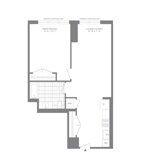 Floor plan for 1 bed, 1 bath, 798 sqft