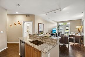 Auburn Hills apartment for rent - A kitchen with a granite counter top and wooden cabinets.