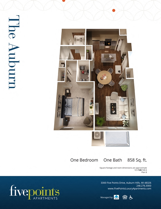 Floor plan for 1 bed, 1 bath, 858 sqft