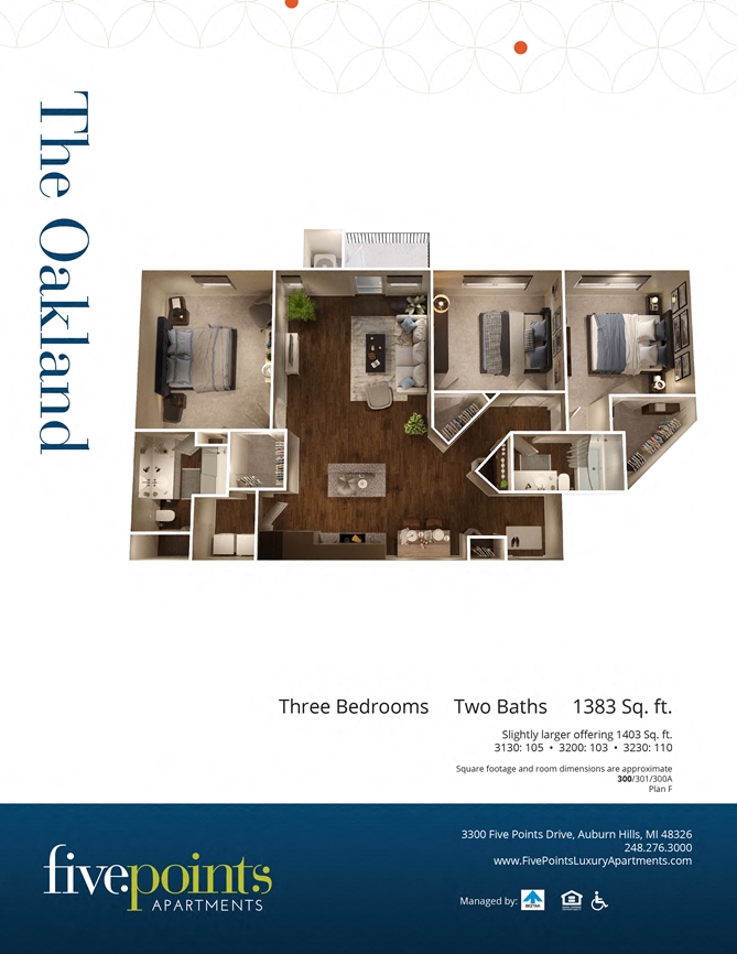 Floor plan for 3 beds, 2 baths, 1403 sqft