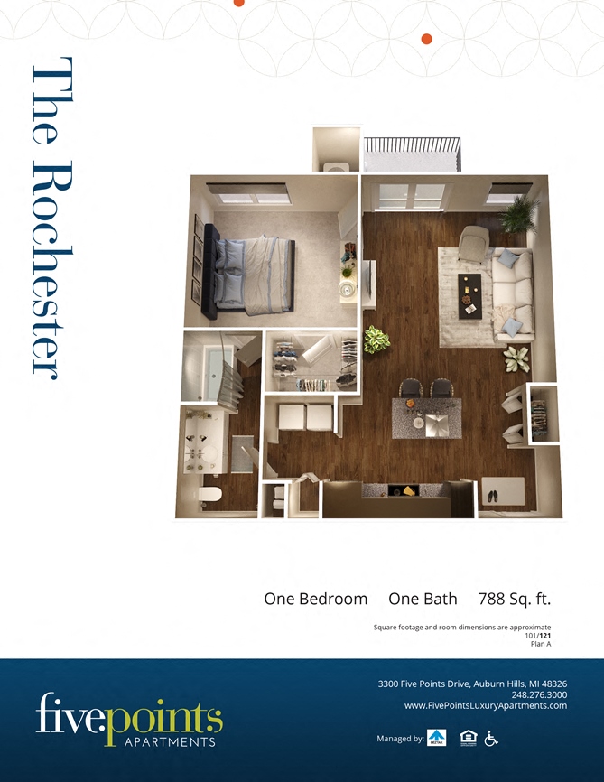 Floor plan for 1 bed, 1 bath, 788 sqft