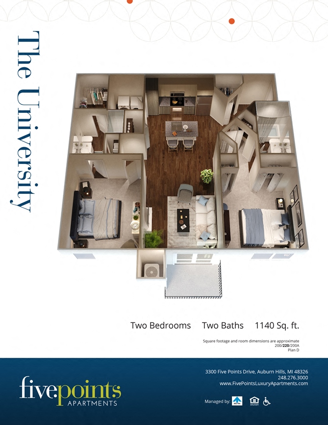 Floor plan for 2 beds, 2 baths, 1140 sqft