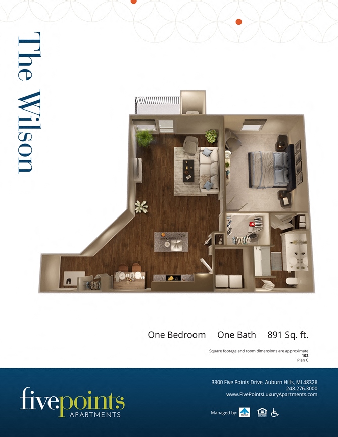 Floor plan for 1 bed, 1 bath, 891 sqft