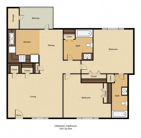 Floor plan for 2 beds, 2 baths, 1031 sqft