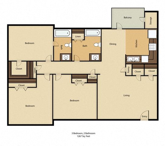 Floor plan for 3 beds, 2 baths, 1267 sqft