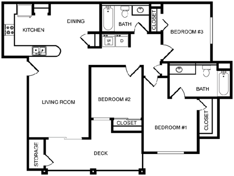 Floor plan for 3 beds, 2 baths, 1197 sqft