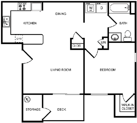 Floor plan for 1 bed, 1 bath, 759 sqft