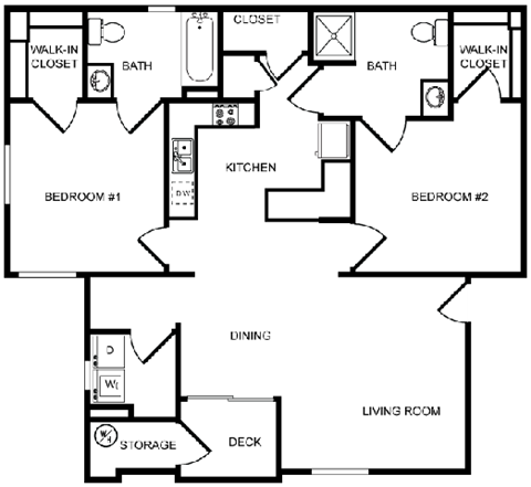Floor plan for 2 beds, 2 baths, 1064 sqft