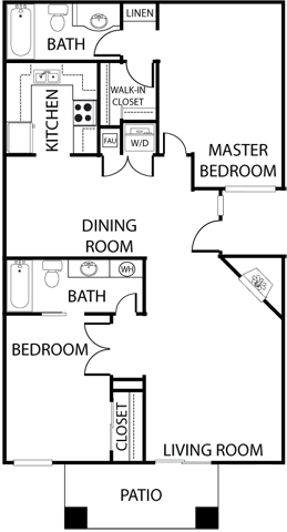 Floor plan for 2 beds, 2 baths, 1046 sqft