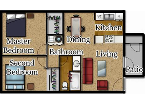 Floor plan for 2 beds, 1 bath, 670 sqft
