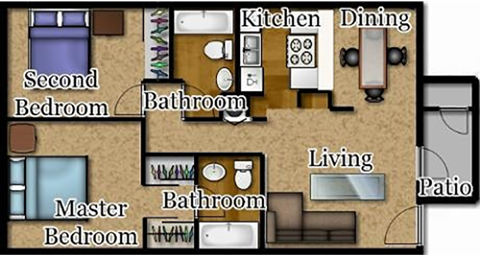 Floor plan for 2 beds, 2 baths, 740 sqft