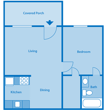 Floor plan for 1 bed, 1 bath, 418 sqft