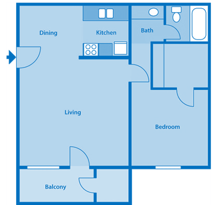 Floor plan for 1 bed, 1 bath, 528 sqft