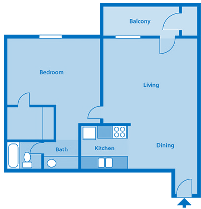 Floor plan for 1 bed, 1 bath, 604 sqft