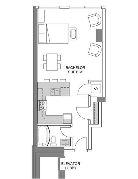 Floor plan for studio, 1 bath, 538 sqft