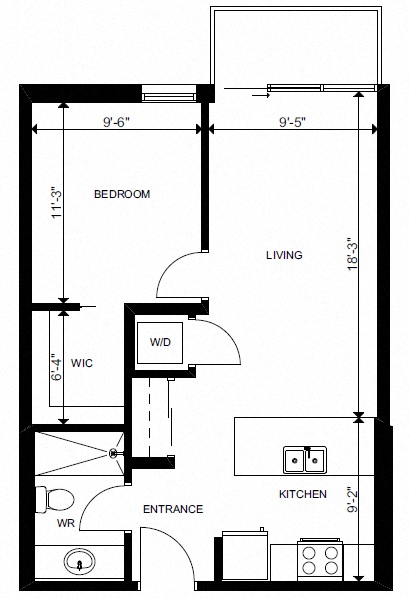Floor plan for 1 bed, 1 bath, 540 sqft