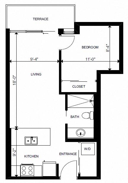 Floor plan for 1 bed, 1 bath, 500 sqft