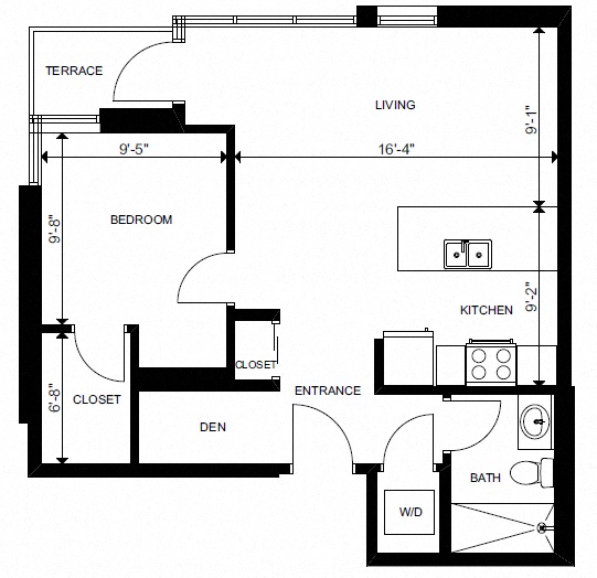 Floor plan for 1 bed, 1 bath, 608 sqft