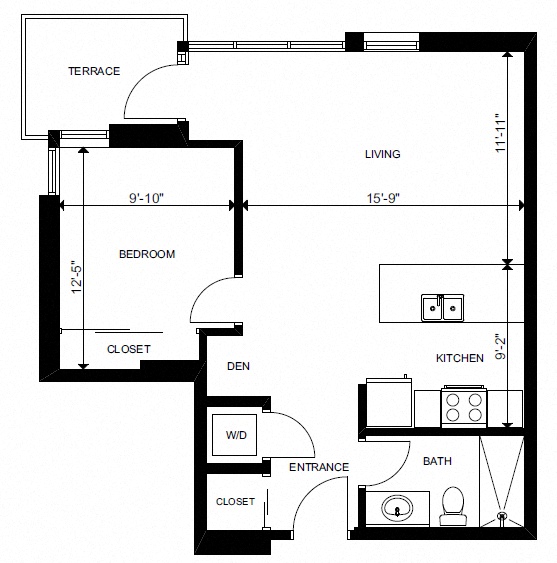 Floor plan for 1 bed, 1 bath, 601 sqft
