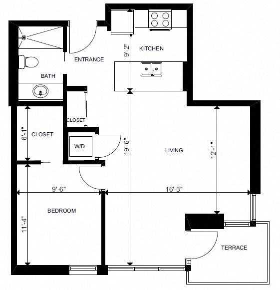 Floor plan for 1 bed, 1 bath, 636 sqft