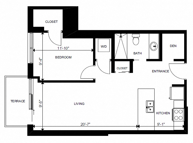 Floor plan for 1 bed, 1 bath, 612 sqft