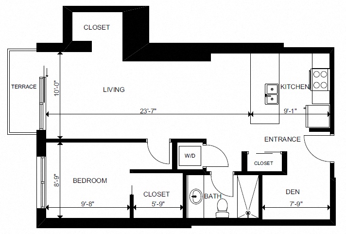 Floor plan for 1 bed, 1 bath, 673 sqft