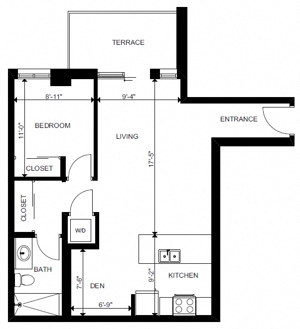 Floor plan for 1 bed, 1 bath, 645 sqft