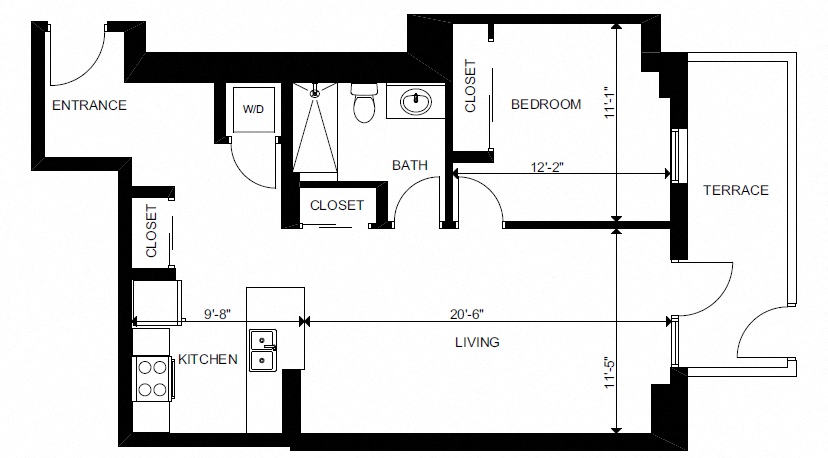 Floor plan for 1 bed, 1 bath, 679 sqft