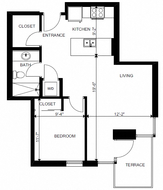 Floor plan for 1 bed, 1 bath, 589 sqft
