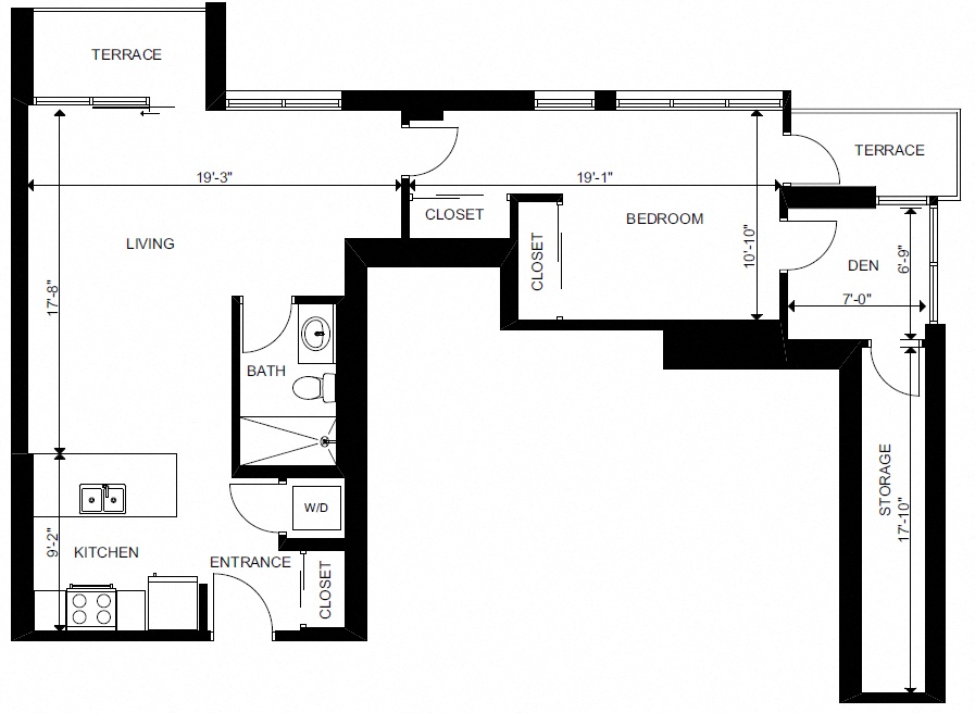 Floor plan for 1 bed, 1 bath, 782 sqft