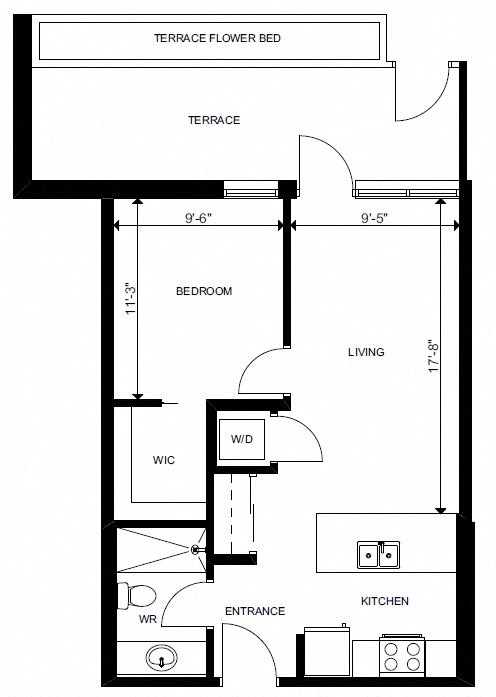 Floor plan for 1 bed, 1 bath, 545 sqft