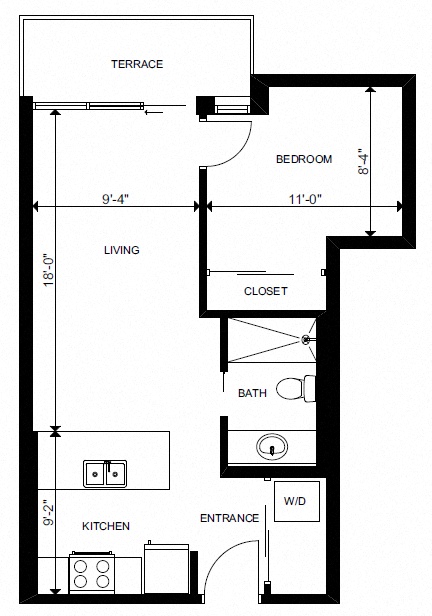 Floor plan for 1 bed, 1 bath, 495 sqft
