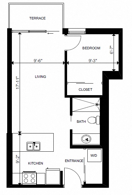 Floor plan for 1 bed, 1 bath, 475 sqft