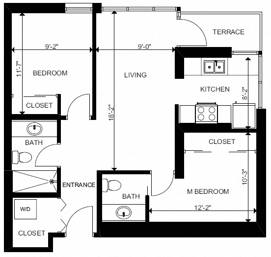 Floor plan for 2 beds, 1.5 baths, 648 sqft