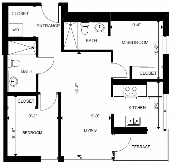 Floor plan for 2 beds, 2 baths, 665 sqft