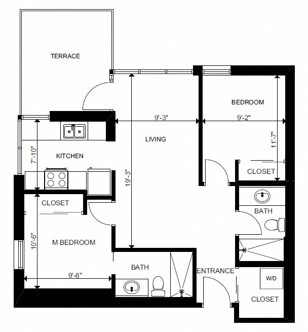 Floor plan for 2 beds, 2 baths, 676 sqft