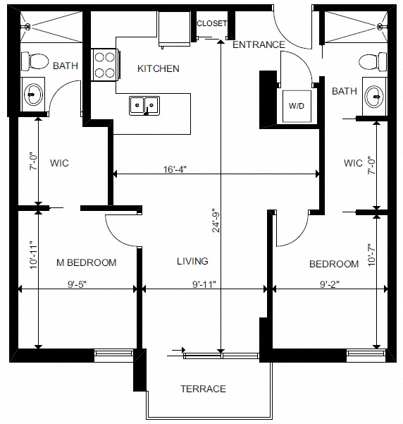 Floor plan for 2 beds, 2 baths, 808 sqft