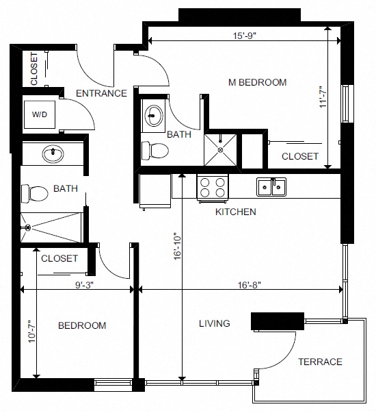 Floor plan for 2 beds, 2 baths, 708 sqft
