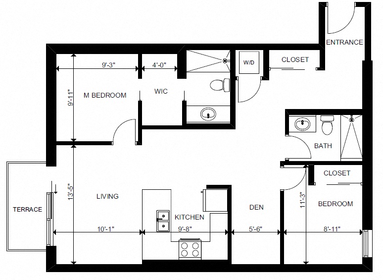 Floor plan for 2 beds, 2 baths, 850 sqft